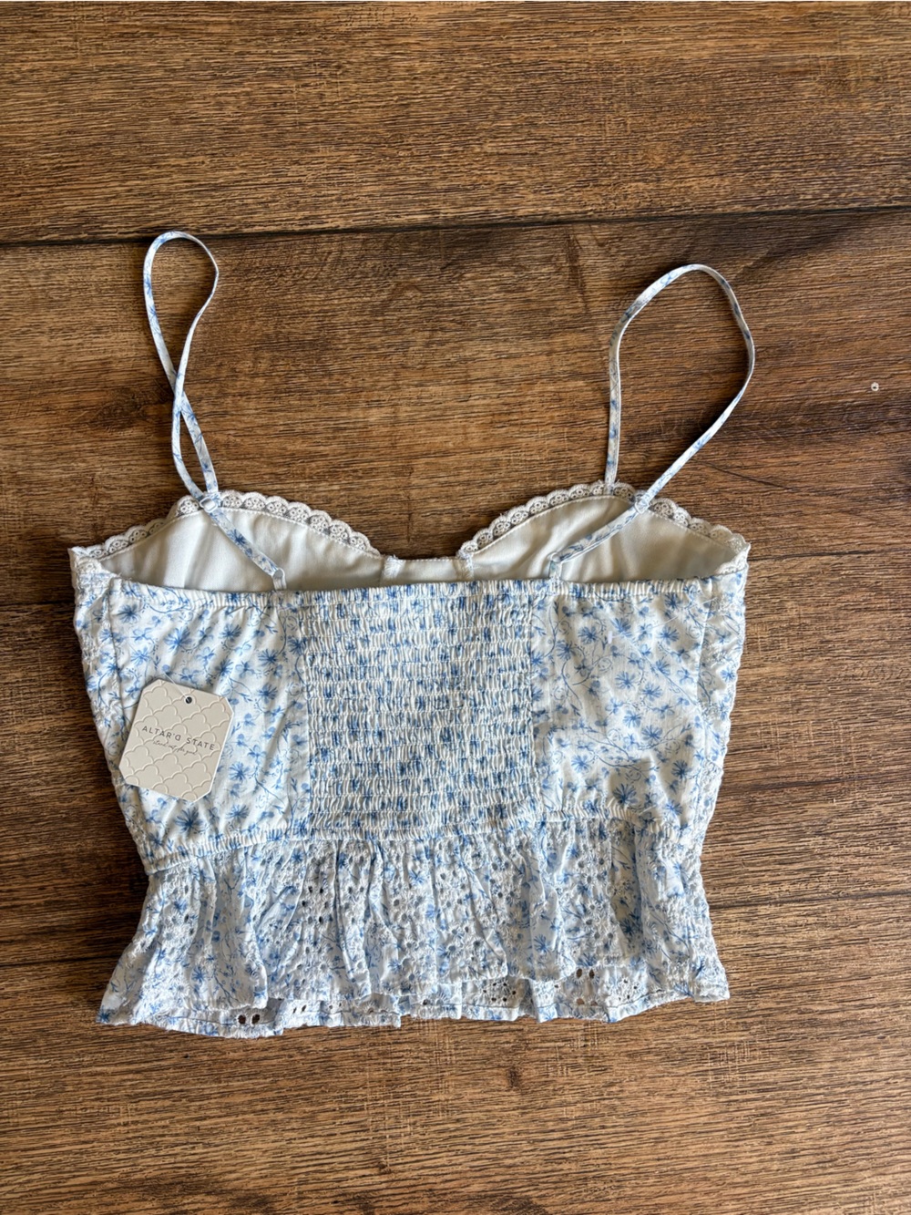 Altar'd State Blue Floral Lace-Up Smocked Peplum Cami - Picture 4 of 4
